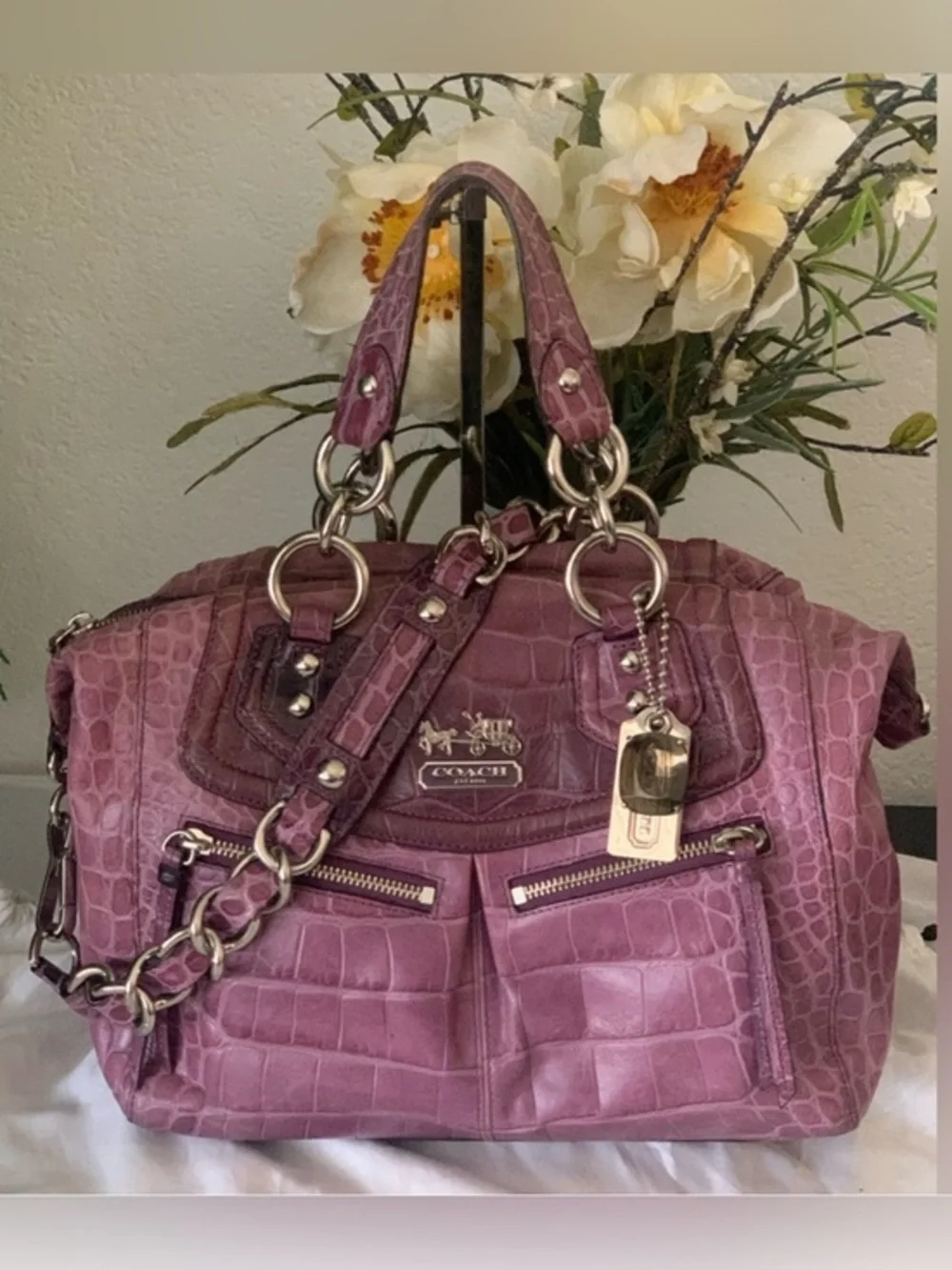 RARE HTF Coach Mauve/Purple  Madison Audrey Croc-Embossed Leather Satchel